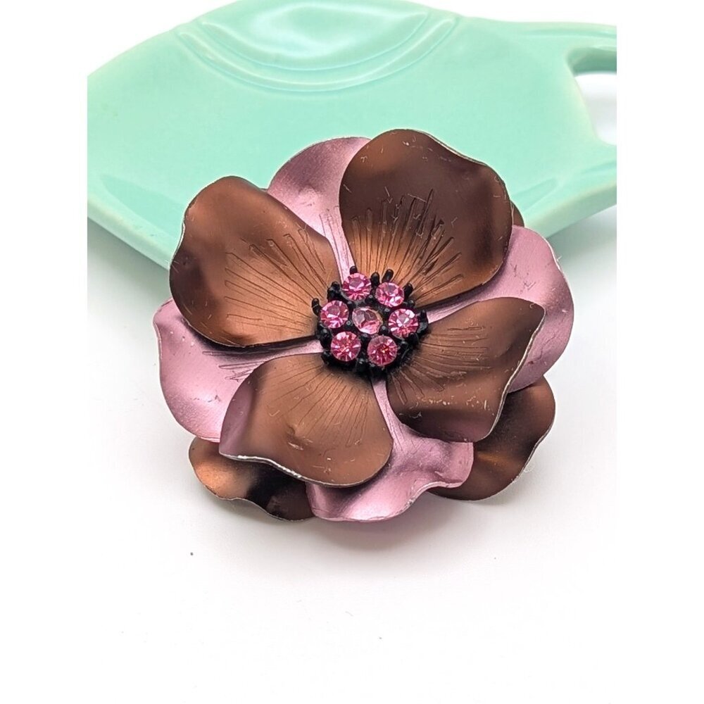 VTG Metal Enamel Flower Brooche Pin Satin Pink Brown Fucsia Rhinesto Large 2.5"